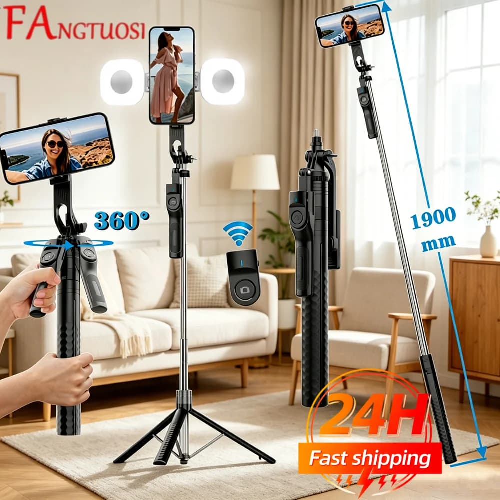 FANGTUOSI 1900mm Wireless Selfie Stick Tripod Stand Foldable Monopod With Led Light For Smartphones Balance Steady Shooting Live