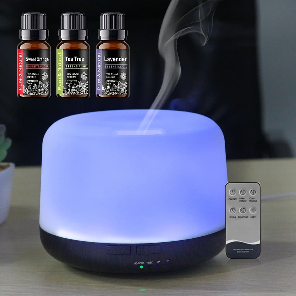 The Perfect Gift 7-Color Changing Essential Oil Diffuser with Remote, 500ml, Silent Operation, Complete with 3 Relaxing Essentia