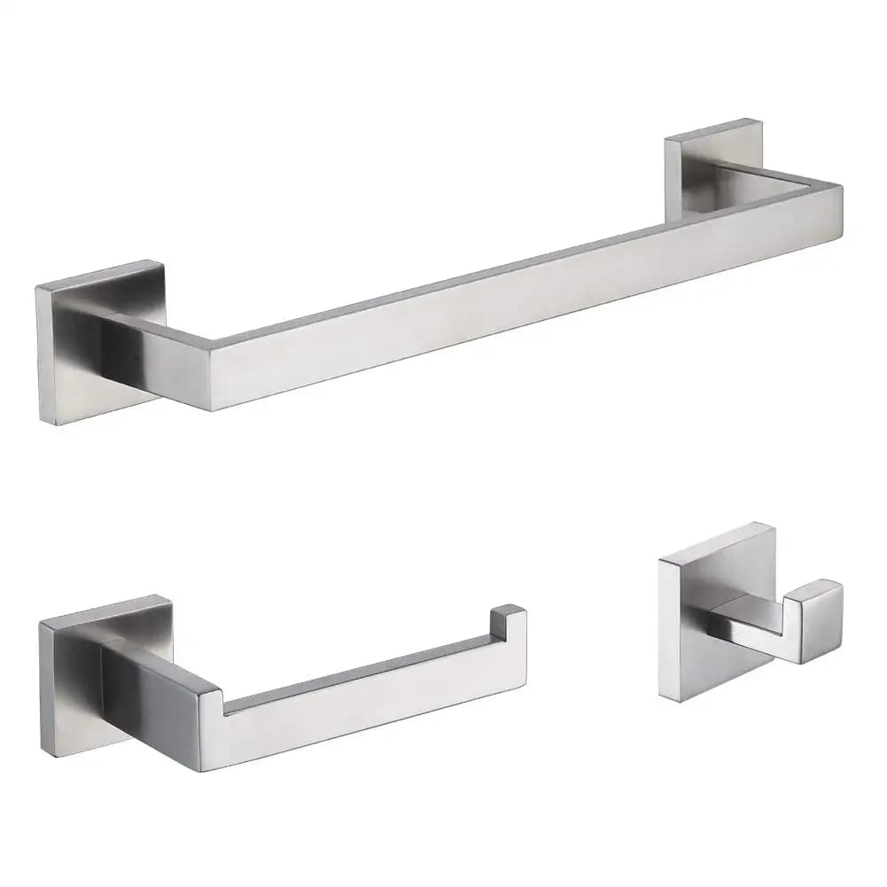 Set di 3 Accessori per Bagno in Acciaio Inox Spazzolato: Portasciugamani, Portarotolo e Gancio Appendiabiti da Parete