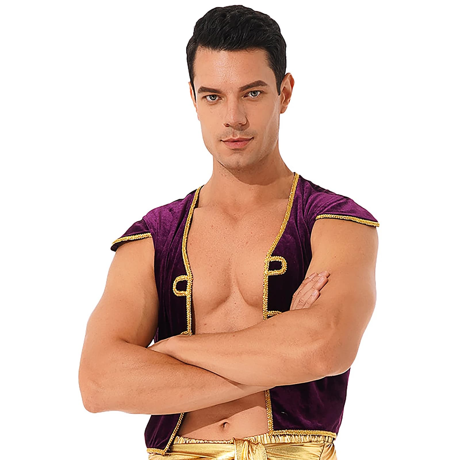 Gilet da principe arabo da uomo caldo, costume cosplay, manica ad aletta, scollo a V, gilet con rifinitura intrecciata per spettacoli di Halloween