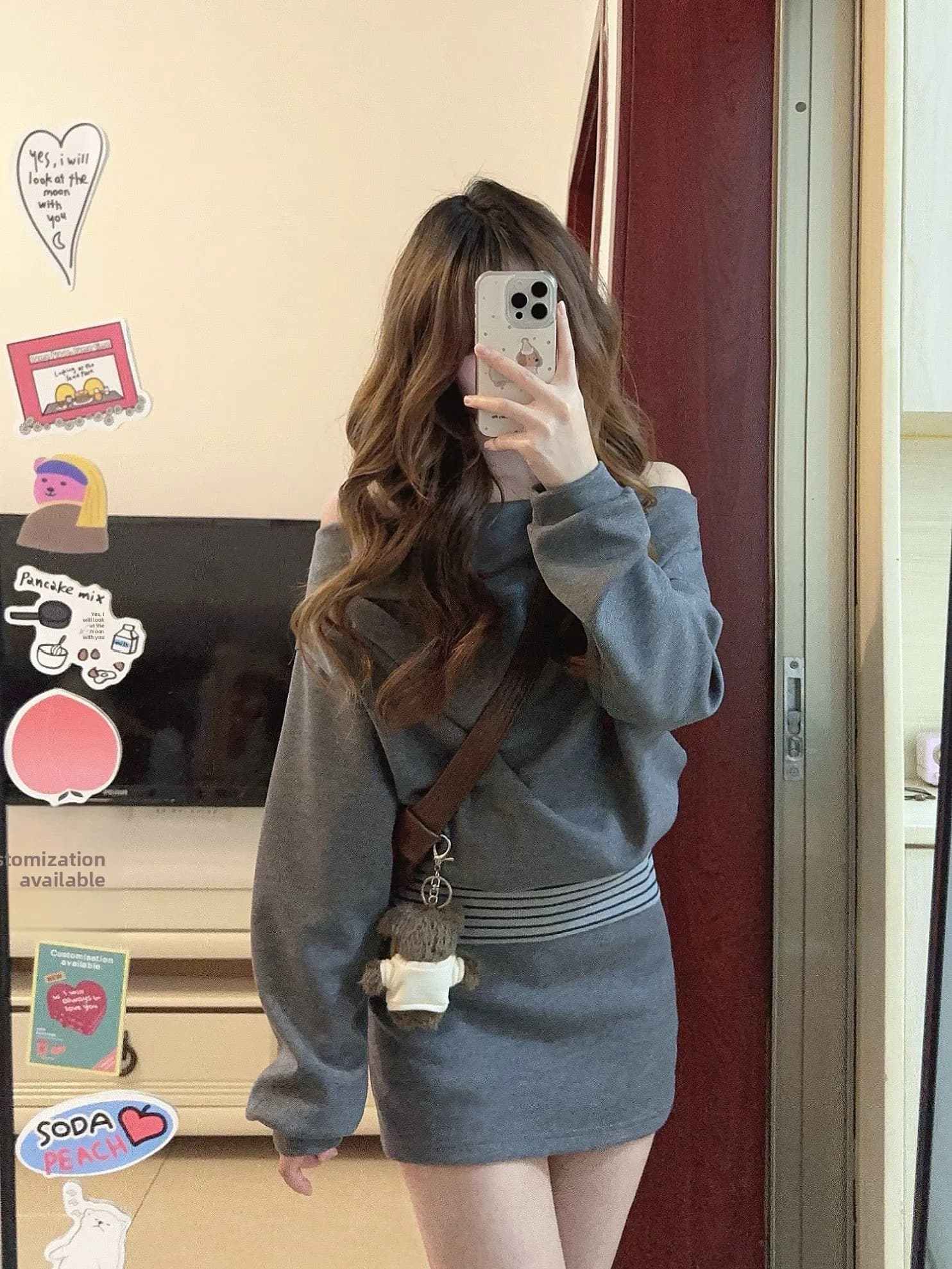Early Spring Two-Piece Set Women's Korean Style Grey One-Shoulder Hoodie with High Waist Skirt Warm Fashionable Casual