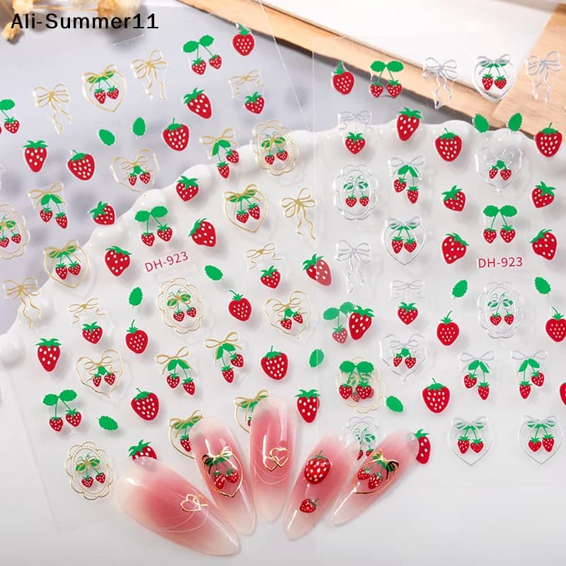 【A6L】Adesivi per Unghie 5D con Frutta Fresca, Fragole, Ciliegie, Fiocchi e Cuori, Decorazioni Autoadesive per Manicure