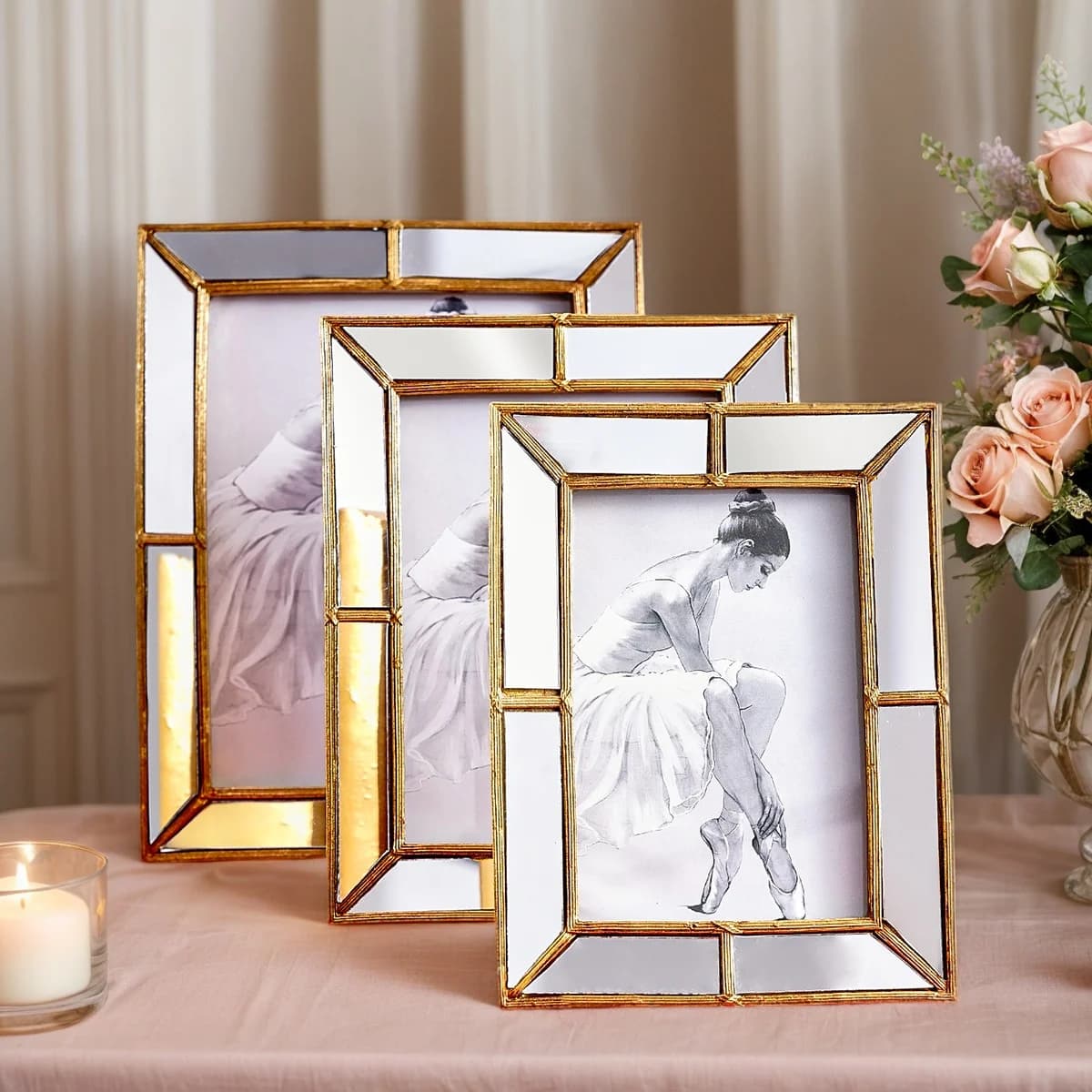 1PC, A Photo Frame with a Simple Golden Resin Material Frame and Mirror Glass Inlaid Decoration, Suitable for Photo Display