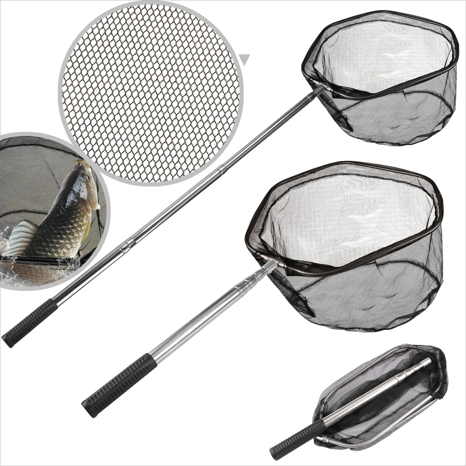 Fishing Landing Net with Telescopic Pole Handle Extend to 42-155CM Portable Telescoping Fishing Net Freshwater for Catch Release