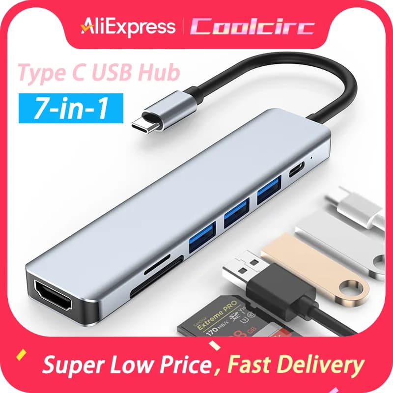 Coolcirc 7 in 1 tipo C USB HUB a HDMI compatibile USB 3.0/2.0 adattatore lettore di schede SD/TF per computer iPhone Tablet Computer