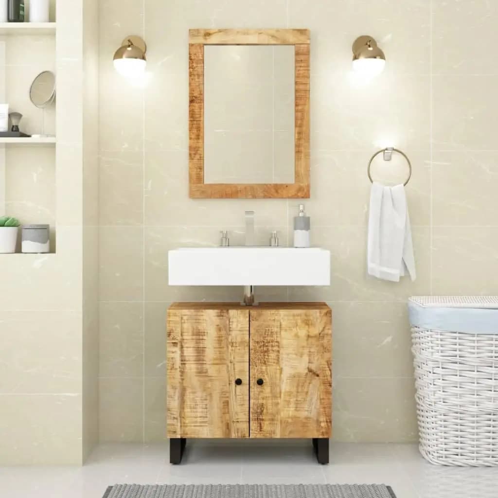 Set Mobile Bagno in Legno Massello di Mango 2 Pezzi con Lavabo, Specchio e Scaffale Contenitore, Personalizzabile