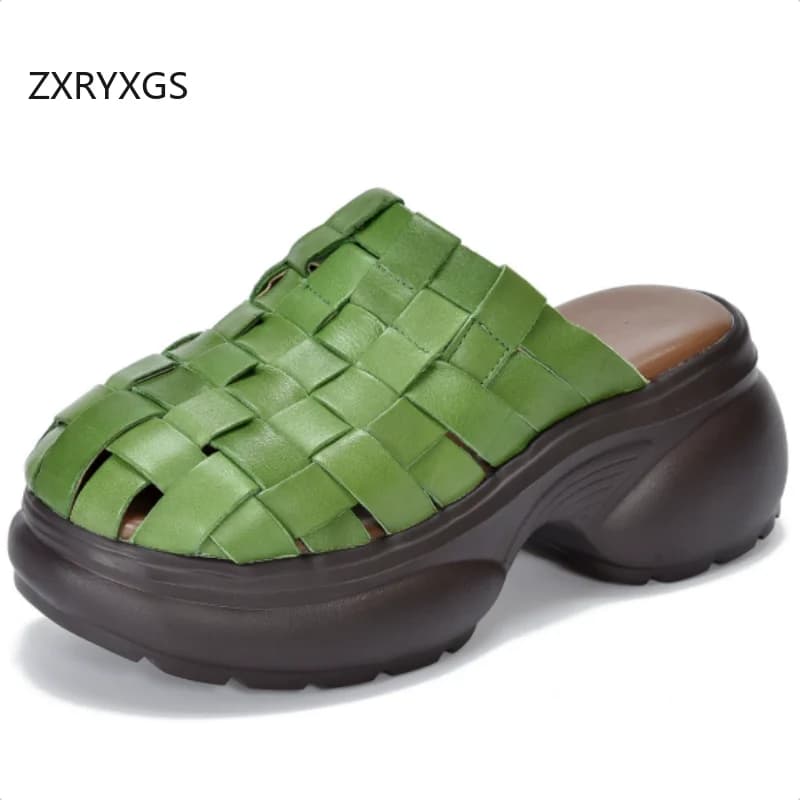 ZXRYXGS 2026 Summer Top Cowhide Woven Round Toe Women Outerwear Slippers Fashion Thick Sole Heighten Shoes High Heel Slippers