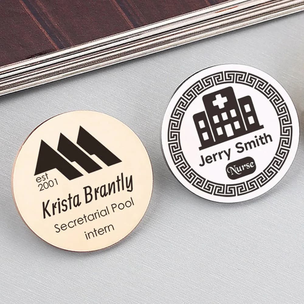 Custom circular plate pin can be customized with various logos, names, icons, professional laser engraving, stainless steel