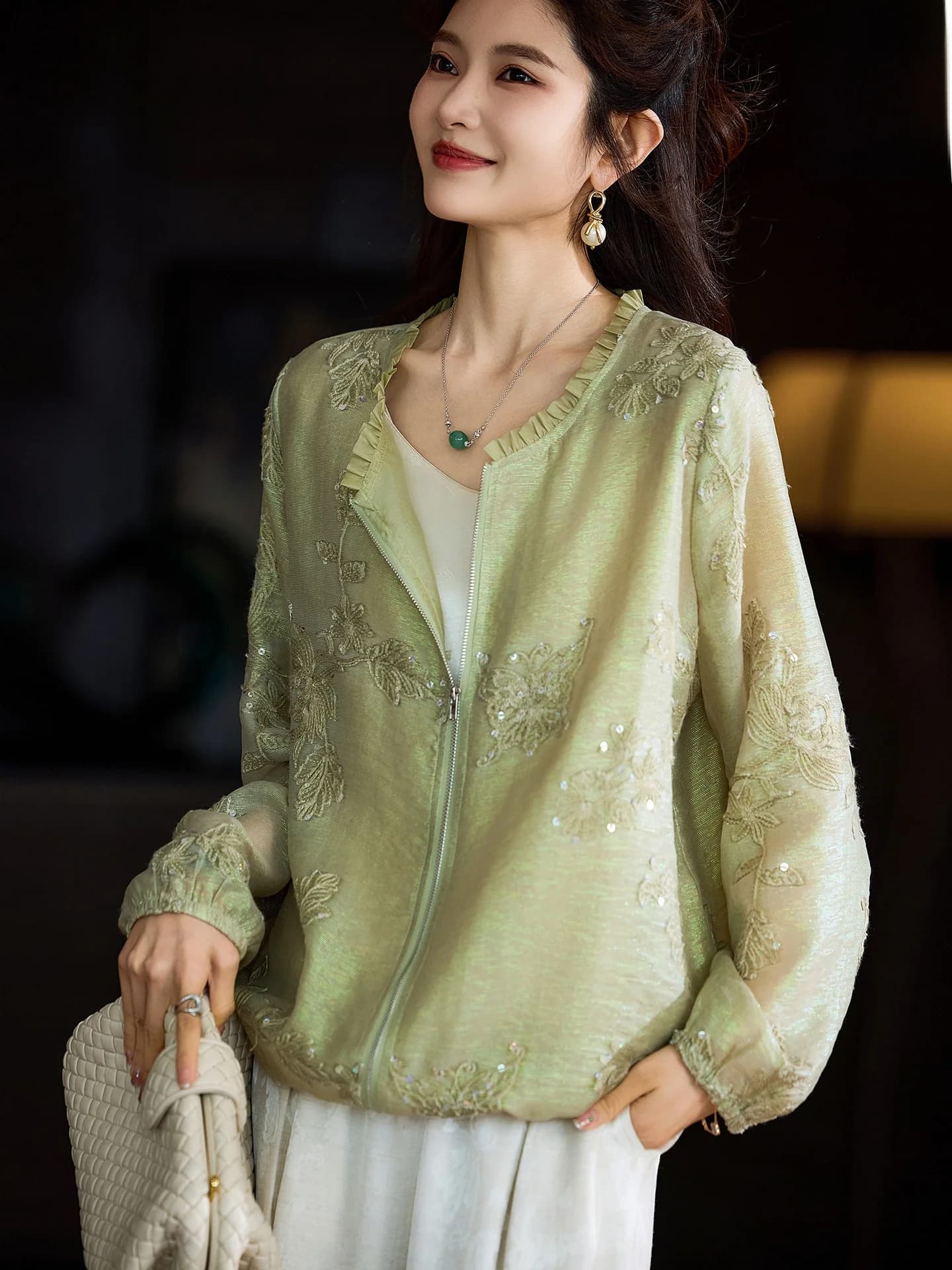 Loose Women's Embroidered Bead Jacket Spring New Chinese Style plus Size Trendy Top round Neck Long Sleeve Plant Floral Pattern