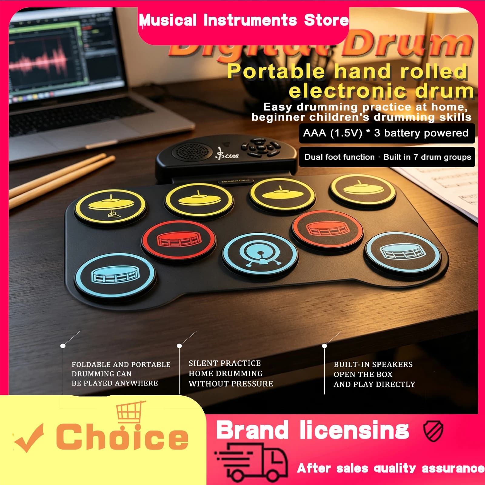 SLADE Hand-Rolled Drum SD-9 Portable 9 Pads 5 Heads 4 Cymbals Built-In Speaker Adjustable Speed Comes With Drumsticks