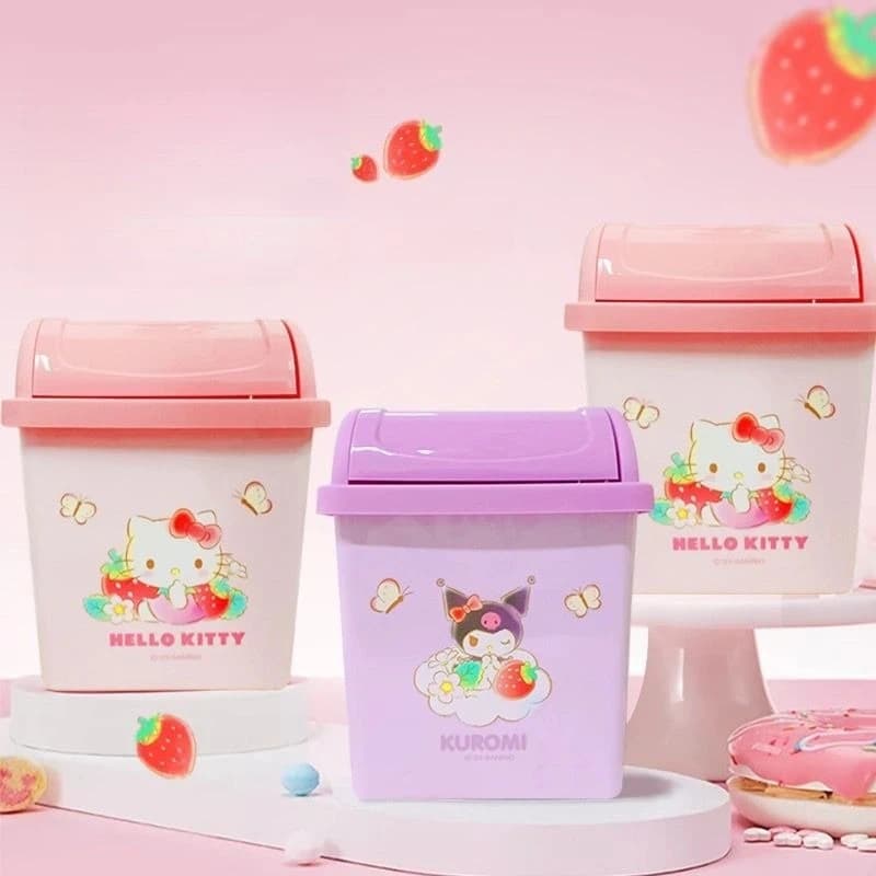 Nuovo Cestino da Scrivania Sanrio Hello Kitty Kuromi, Mini Contenitore con Coperchio Ribaltabile, Design Kawaii Anime Cartoon per Uso Domestico