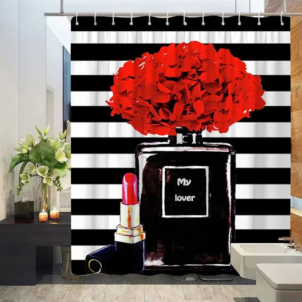 Profumo cosmetico e tenda da doccia floreale e tappeto Set da bagno Fiori Tacchi Rossetto Panno per la casa Tenda sospesa Bagno