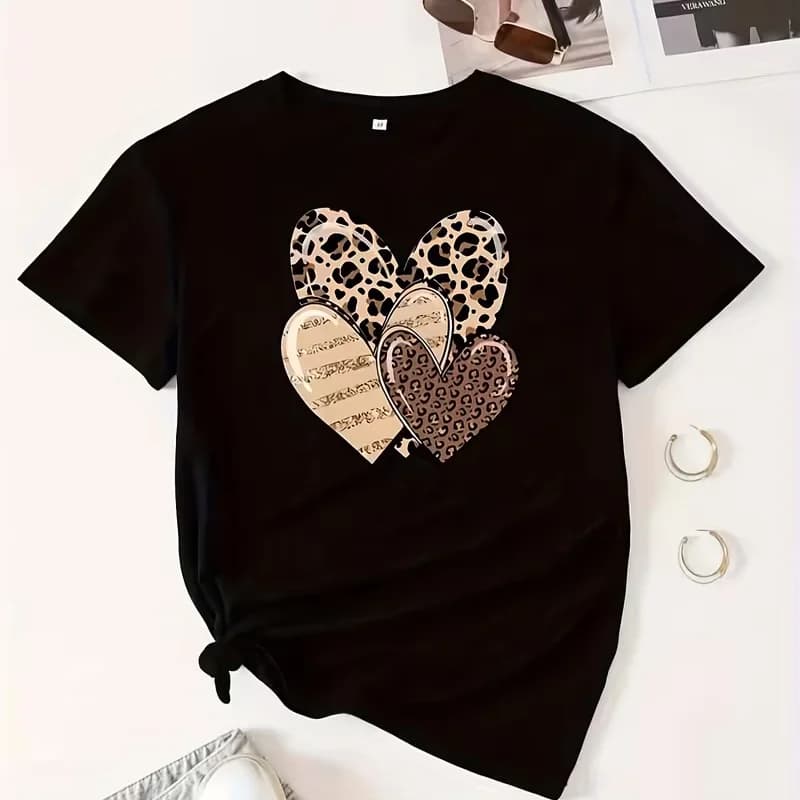Women's Casual Graphic Crew Neck T-Shirt Leopard Print Short Sleeve Top, Summer Tee, Ladies T Shirts, Artistic Heart Graphics