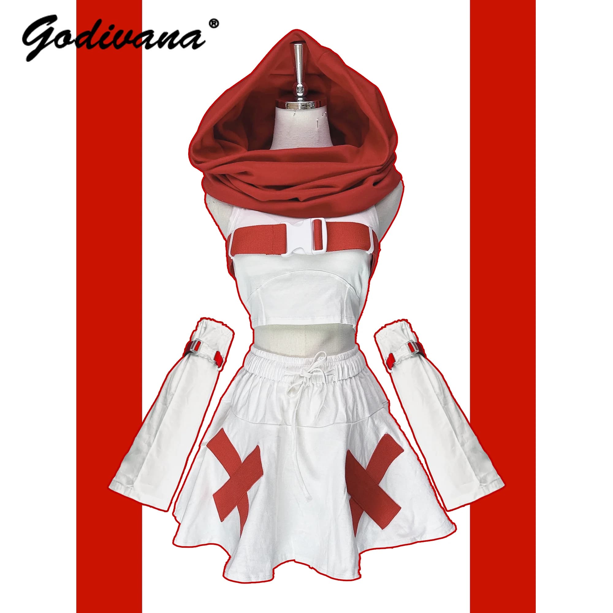 Design originale Meccanico Futuro Sciarpa blu e bianca Gilet e gonna Set Ragazza Donna Y2K Cos Rosso Bianco Abiti