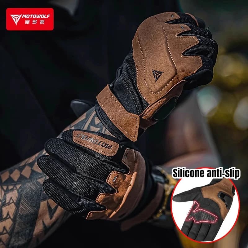Guanti da moto estivi in rete traspirante marrone Motowolf da uomo, guanti da motociclista fuoristrada, accessori per moto con touchscreen
