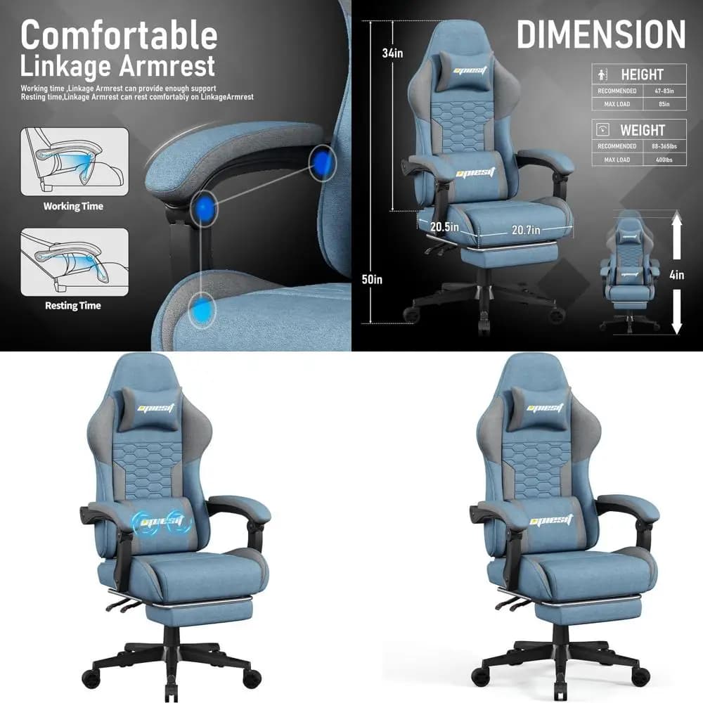 Sedia da Gaming Ergonomica con Supporto Lombare, Regolabile in Altezza, Opzione Massaggio Blu, Include Poggiapiedi per Adulti