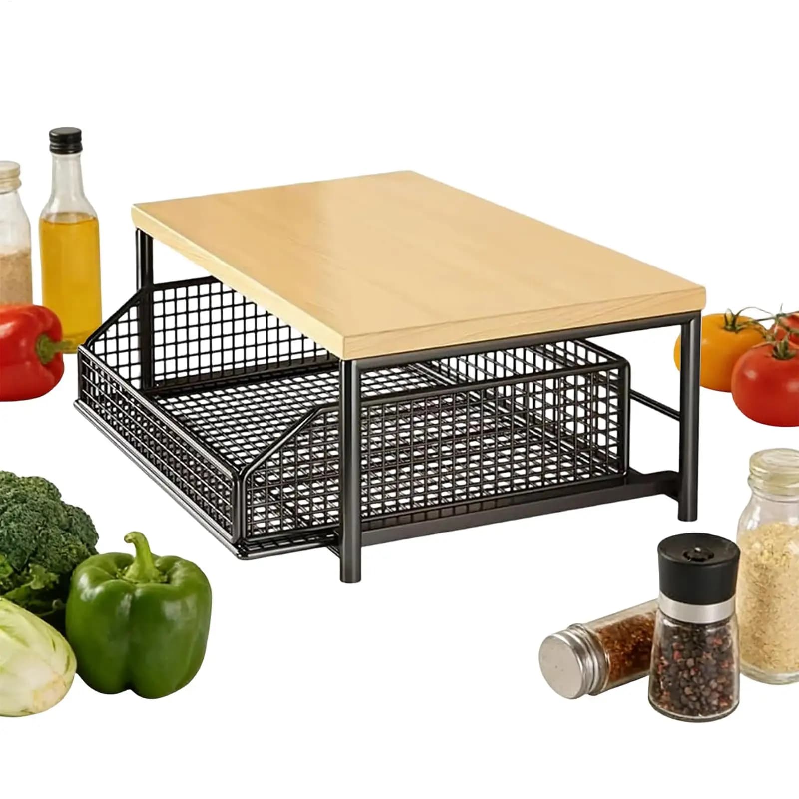 Space-Saving 2-Tier Pull-Out Rack Printer/Microwave Stand With Storage Basket For Kitchen, Living Room & Bedroom