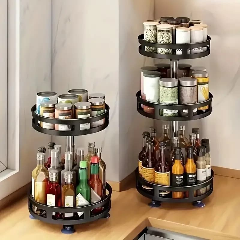 Organizzatore rotante in metallo a 3 livelli, portaspezie, lattine per condimenti, per accessori da cucina, vassoio portaoggetti antiscivolo in acciaio al carbonio a 360 gradi
