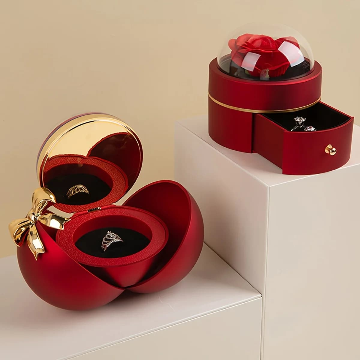 Portagioie rotondo con rosa per San Valentino, festival, proposta natalizia, anello, scatola regalo, collana di coppia, confezione regalo in velluto