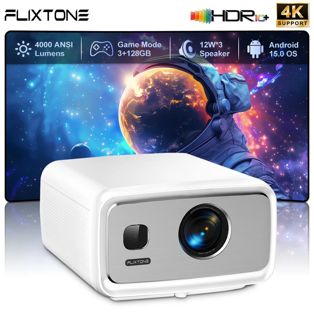 Proiettore Flixtone D10S 4000 Ansi 4K Full HD per Home Cinema, Videoproiettore HDR10 MEMC Android 15.0 3G 128G