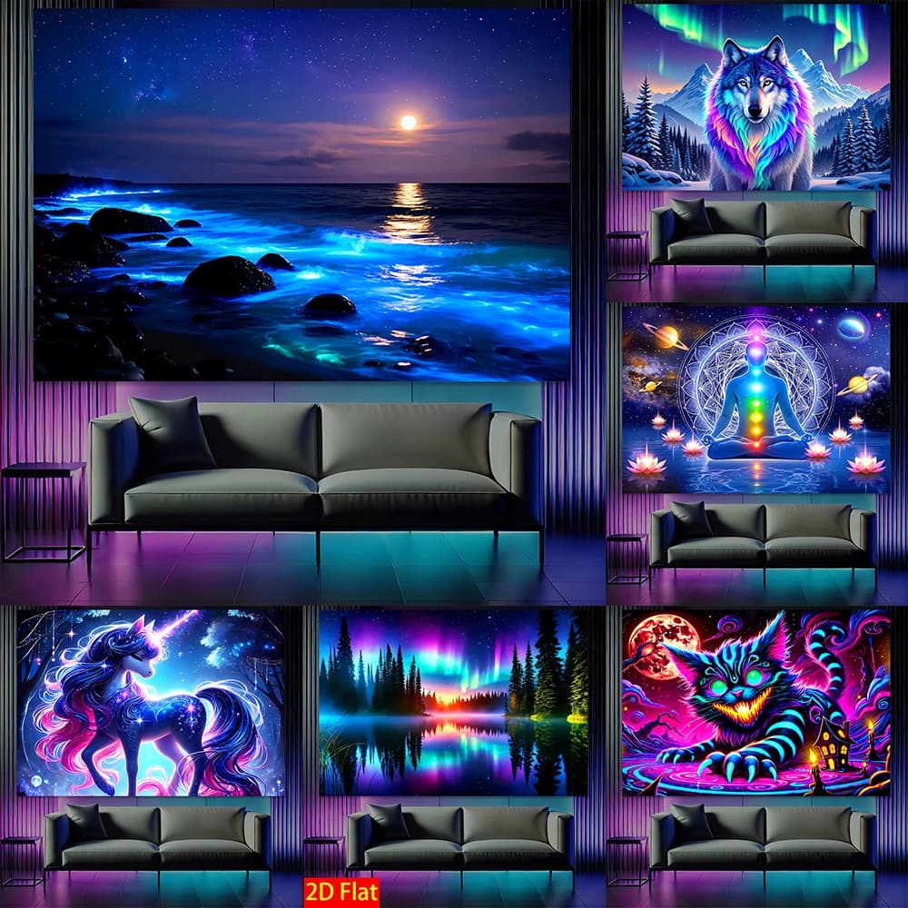 Tapestry fluorescente, collezione di tapestry neon che si illuminano al buio, tapestry luminosi con luce UV, adatti per la decorazione della casa.