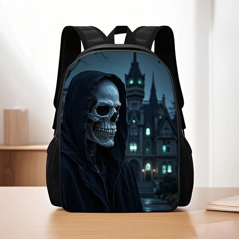 1 backpack with gothic skull print, breathable mesh design, adjustable shoulder straps, folding and large capacity for everyday use
