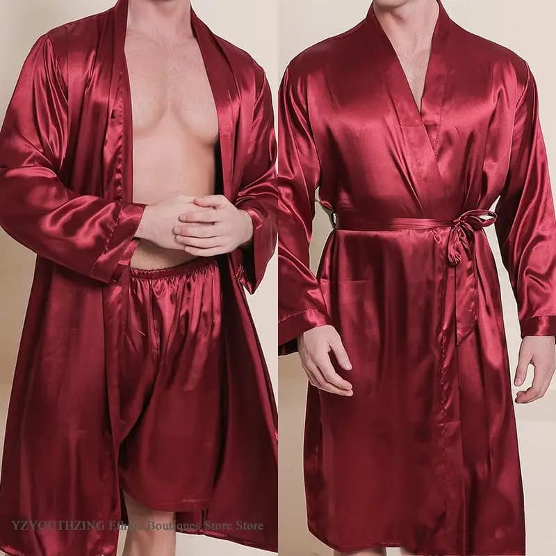 Nuovo Maschio 2PCS Robe Pigiama Set Pigiama Setoso Borgogna Raso Accappatoio Kimono Abito Primavera Estate Degli Indumenti Da Notte degli uomini Vestiti A Casa