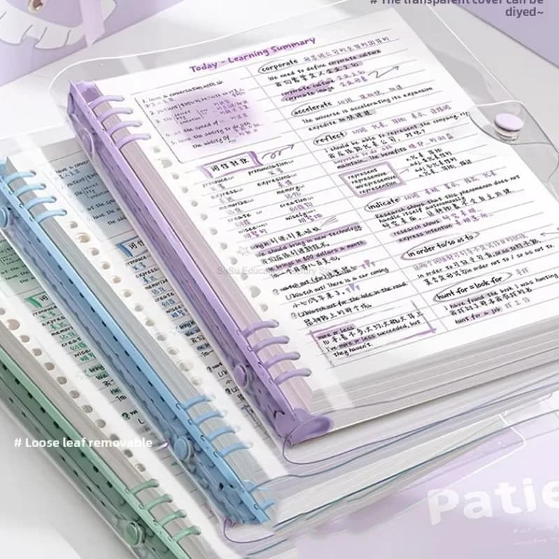 60 Sheets A5 Transparent Soft Leather Loose-Leaf Notebook Refillable Horizontal Lined Notepad with Detachable Ring Binder Cover