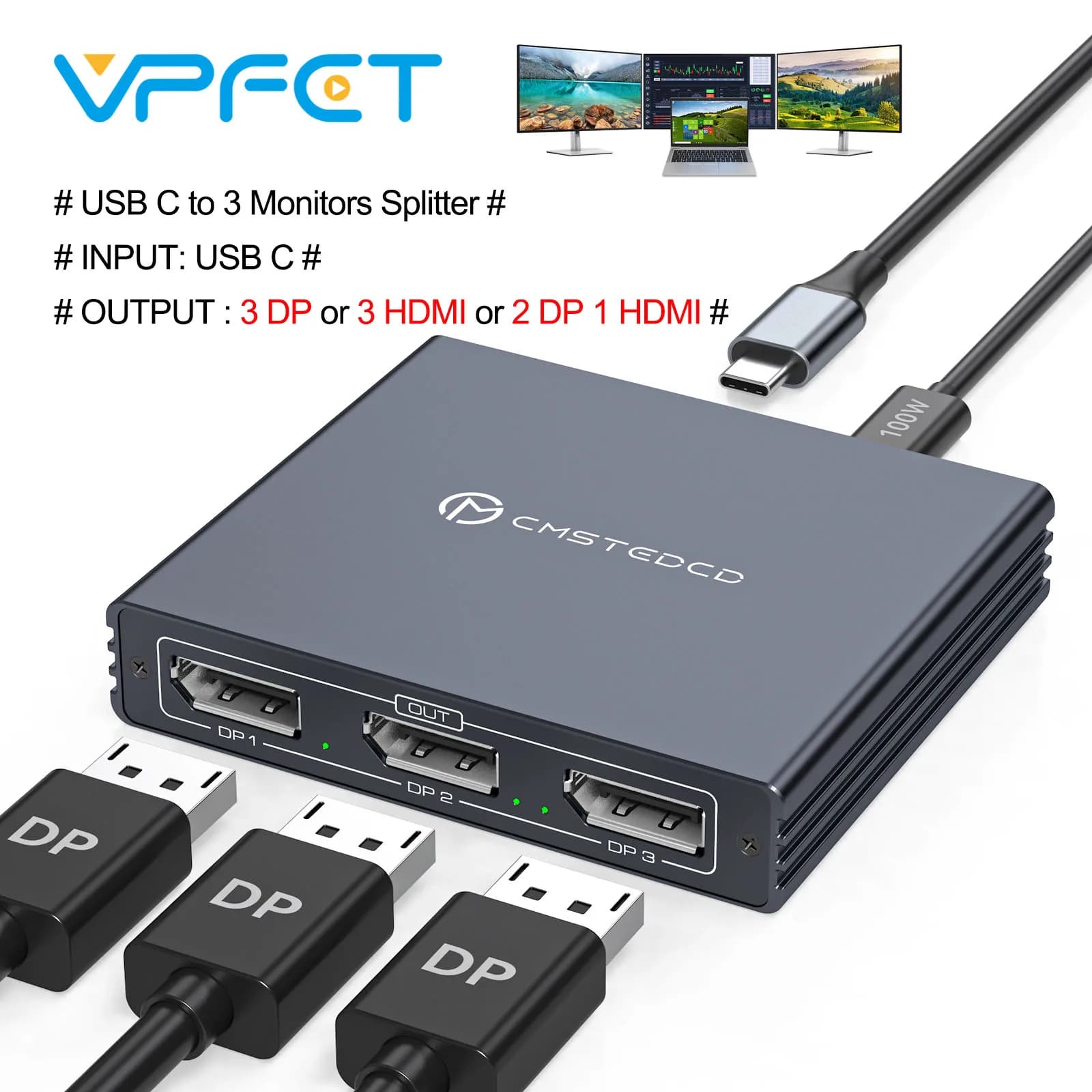 USB C Splitter for 3 monitors 4K to 60 Hz USBC Thunderbolt to HDMI DP Splitter 1 input 3 outputs Support PD100W share charge Multi Monitor