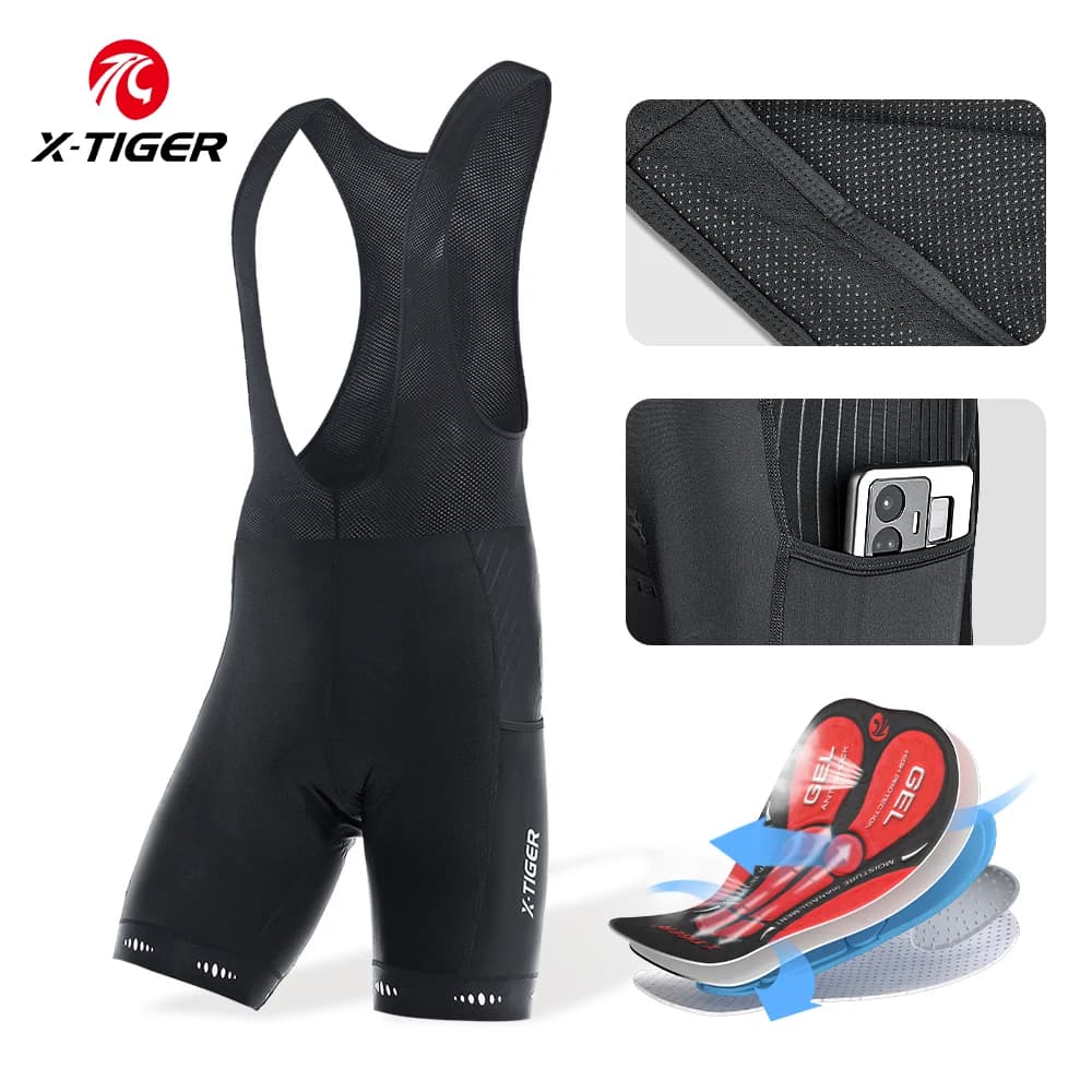 X-TIGER short man cycling bib with pockets for phone 5D padded breathable shockproof pantyhose with quick drying bib