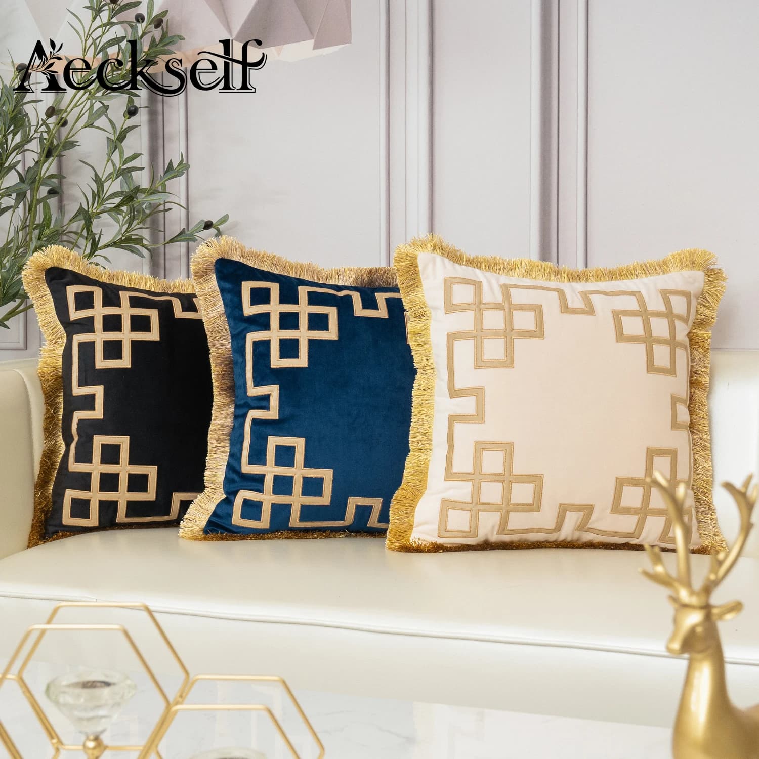 Aeckself fodera per cuscino in velluto con ricamo in pelle dorata di lusso con nappa Home Decor federa per cuscino da tiro blu Navy nero Beige