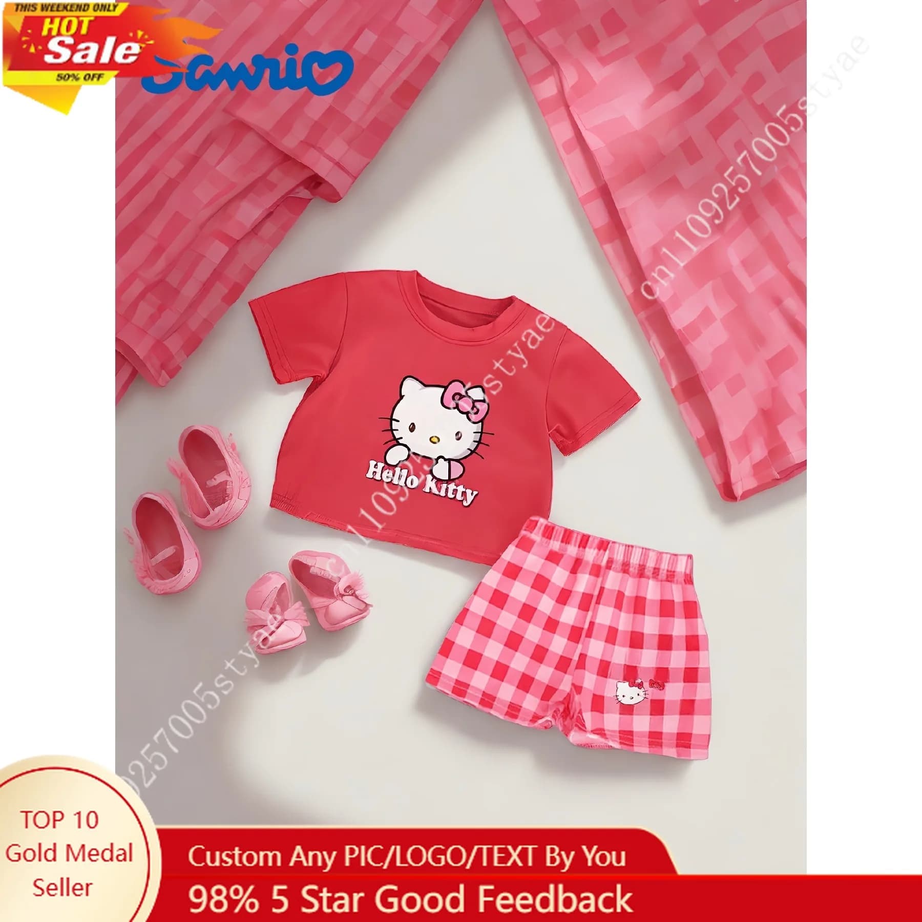 Completo estivo per ragazze Hello Kitty, t-shirt con stampa di cartoni animati e pantaloncini a quadri, set di vestiti morbidi, t-shirt e pantaloni Sanrio