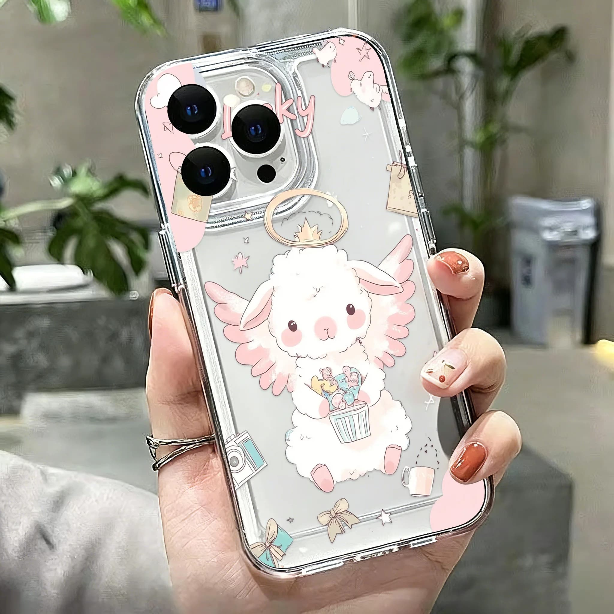 Ins Girly Pastel Lucky Angel Lamb Transparent Phone Case, Thin Airbag Shockproof Clear Shell for IPhone 17 16 15 14 XS X Plus