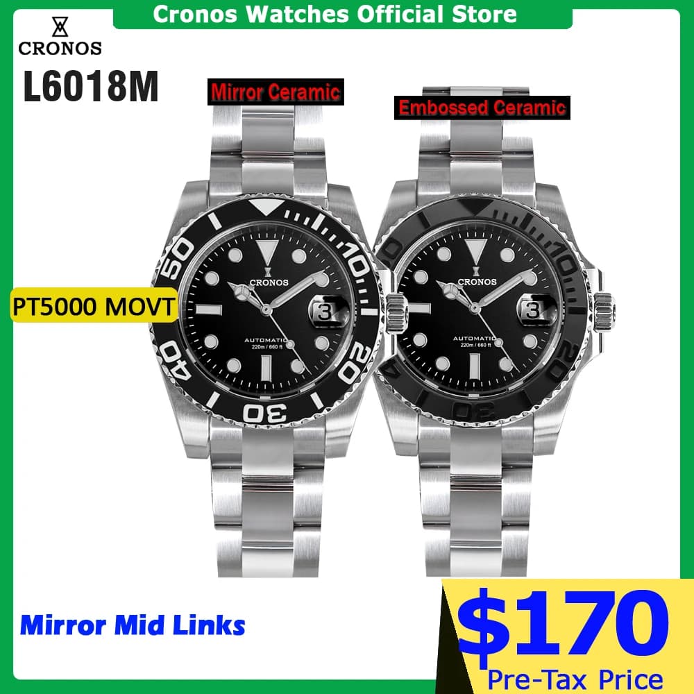 Orologio Cronos Sub Diver da uomo in acciaio inossidabile PT5000 con bracciale spazzolato e lunetta in ceramica, resistente all'acqua fino a 200 metri L6018