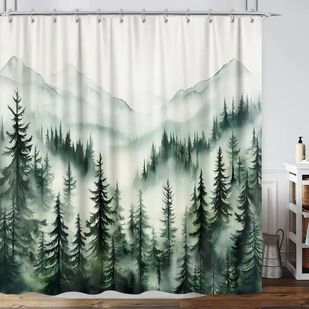 Tenda da doccia rustica con foresta di montagna, tenda da doccia naturale con foresta verde nebbioso e nebbioso, per bagno da uomo