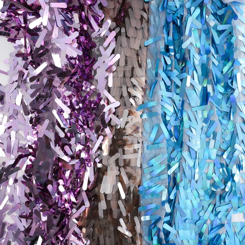 Geometry Iridescent Sequins Sewing Polyester Fabric Tassel Fringe Mesh with Long Strip Sequin Embroidery for Wedding Dress