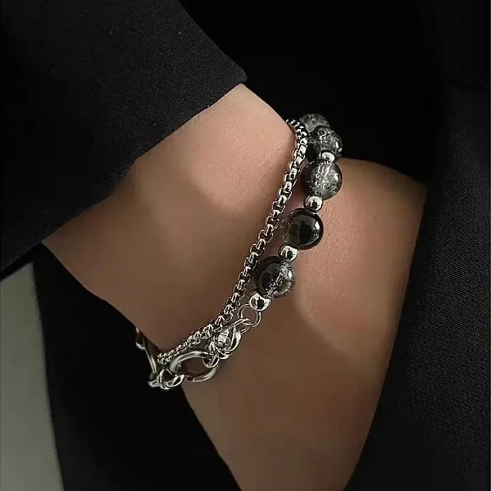 2024 Retro Nero Cracking Perline Bracciale per uomo Donna Acciaio inossidabile Doppio strato Catena Moda Hip-pop Gioielli Pulseras
