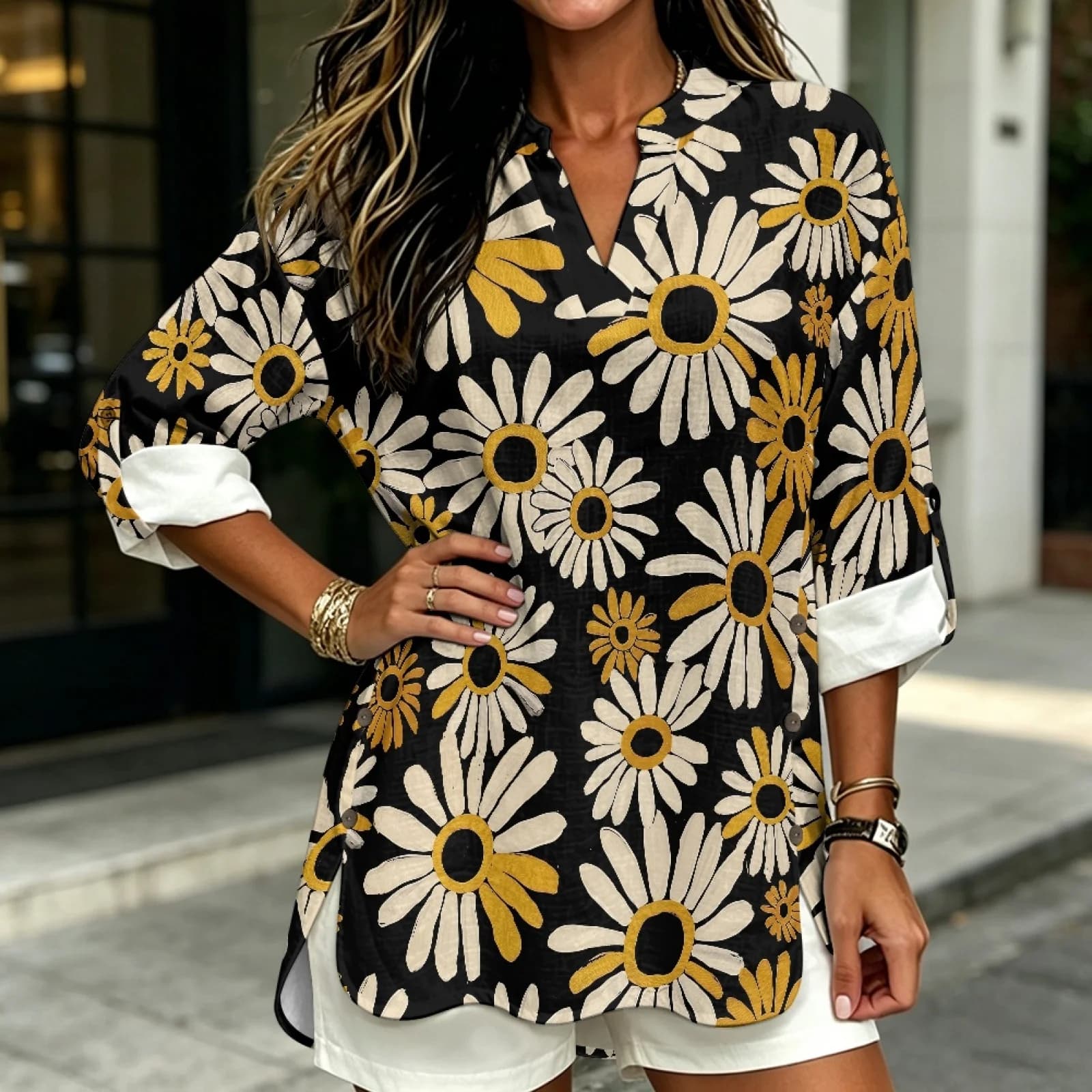 PENSTROLL Yellow White Daisy Cozy V Neck Blouse for Women Linen Like Long Sleeve Tops Tunic Shirts