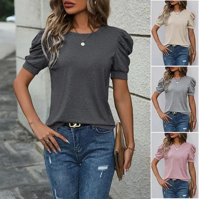Casual Summer New Women's T-shirt Overhead Short Sleeve Lamb Leg Sleeve Pure Color Top Quality Fabric Other 100% Splice Stitch
