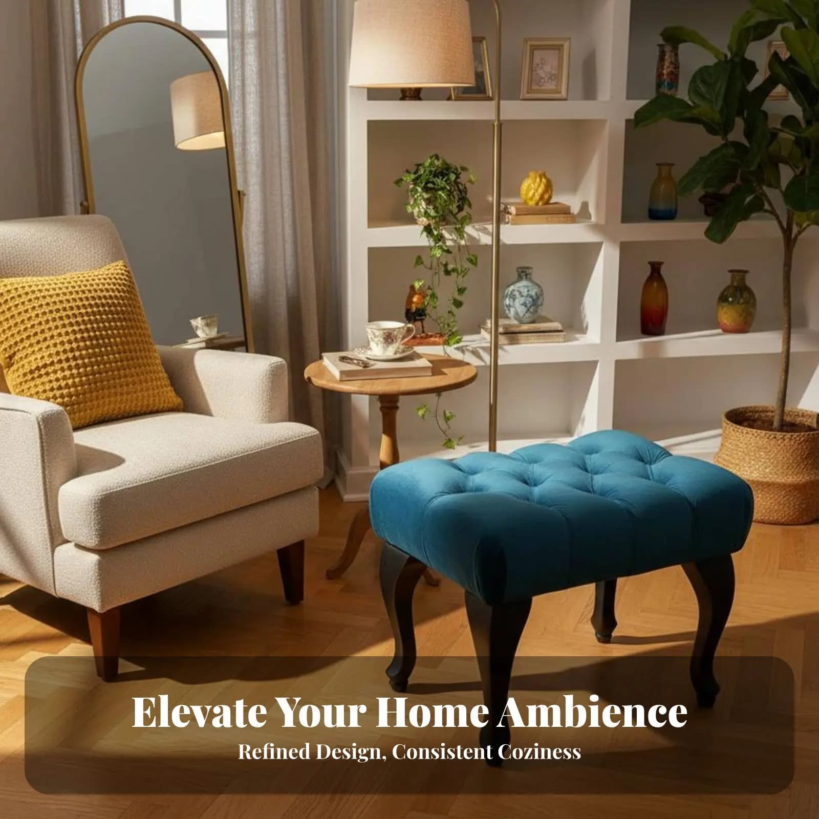 Pouf Imbottito in Stile Europeo con Design Trapuntato e Tessuto Texturizzato, Versatile con Gambe in Legno Intagliato per Donne, Adulti, Camera da Letto