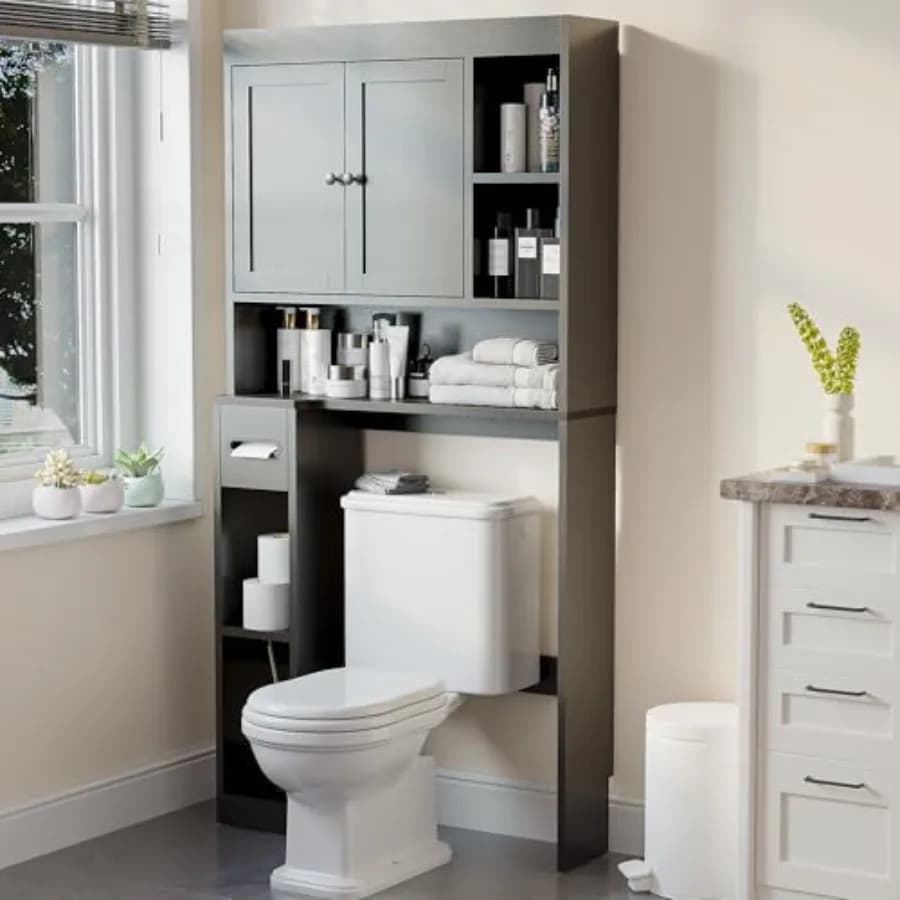 Mobiletto da bagno sopra il WC con 7 ripiani, effetto noce, nero, con porta carta igienica, modello S