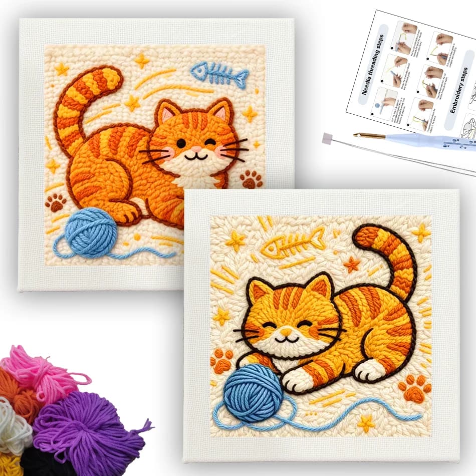 CHENISTORY punch needle embroidery kits Art Cute orange cat Cross stitch set Embroidery frame 25x25cm Diy crafts supplies adults