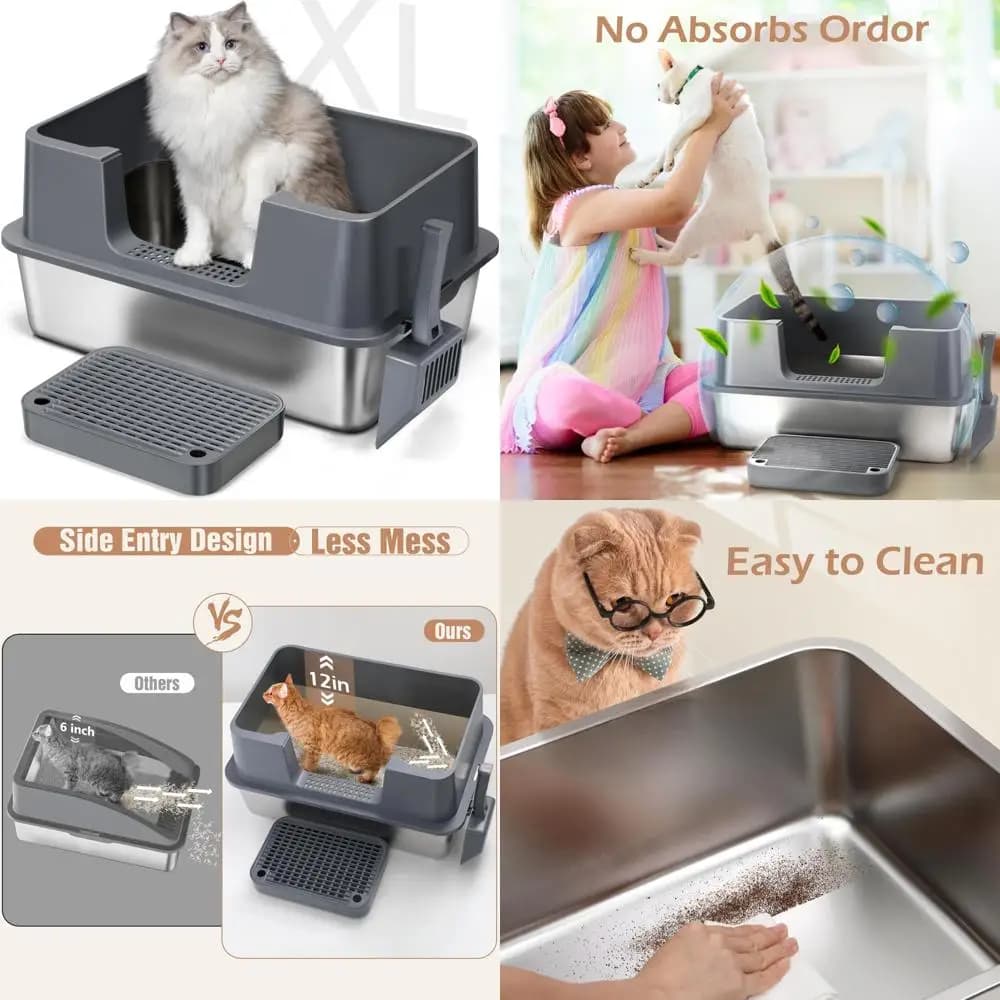 Lettiera per gatti di grandi dimensioni in acciaio inossidabile con lati alti e design a prova di perdite - Lettiera per gatti in metallo antiaderente e facile da pulire per animali domestici