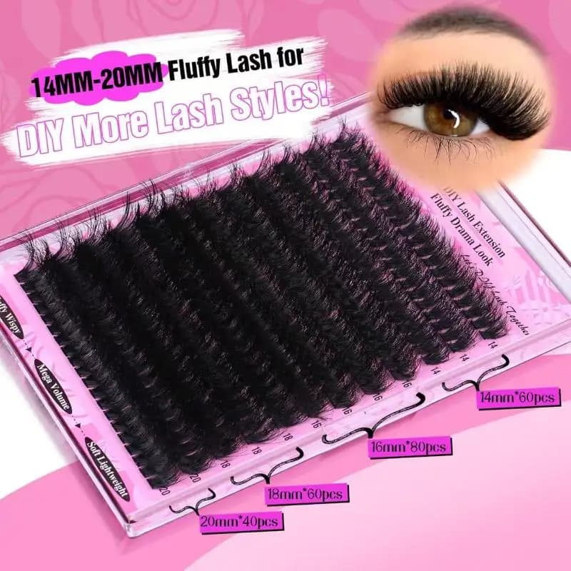 Extension 200D lashes in synthetic mink, 14-20mm, long natural black, D curvature, fake eyelashes in single tufts for make-up