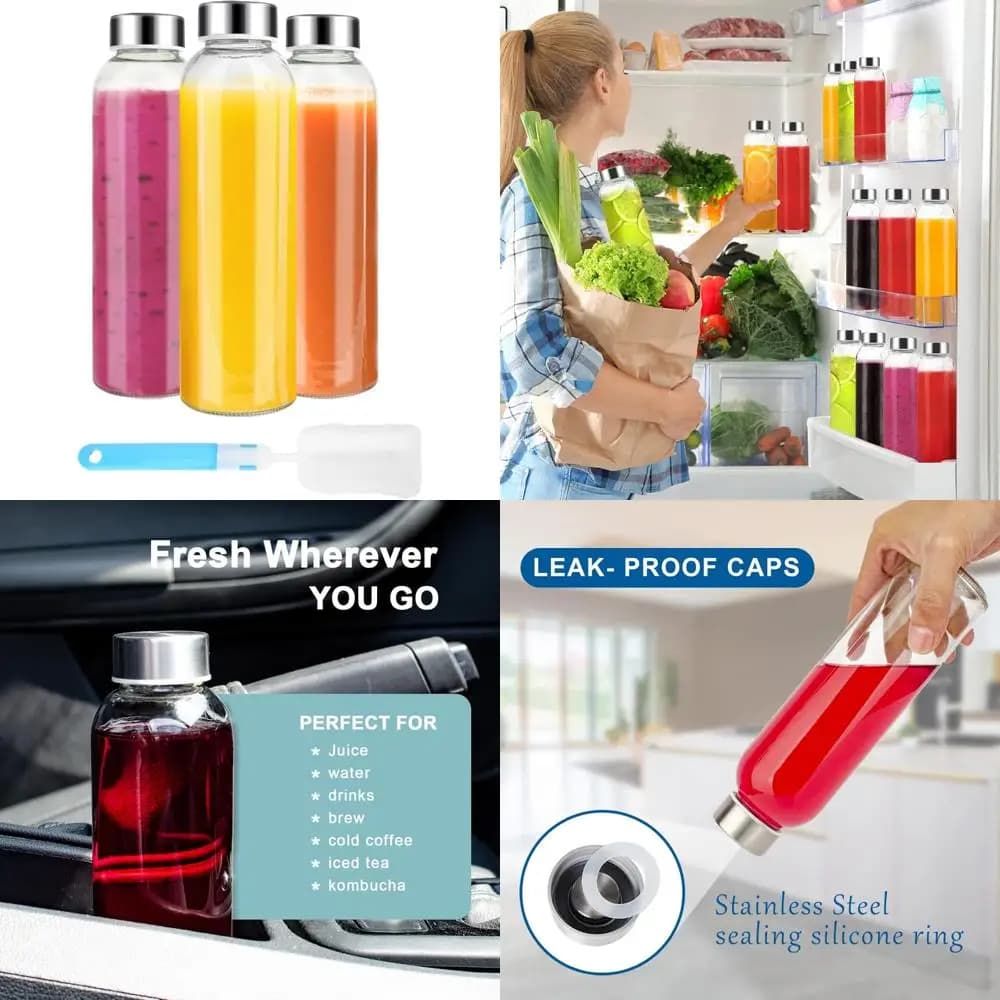 Bottiglie di vetro trasparente con coperchi 18 once, bottiglie d'acqua in vetro riutilizzabili con tappo in acciaio inossidabile per spremitura, frigorifero, 100% perdite P