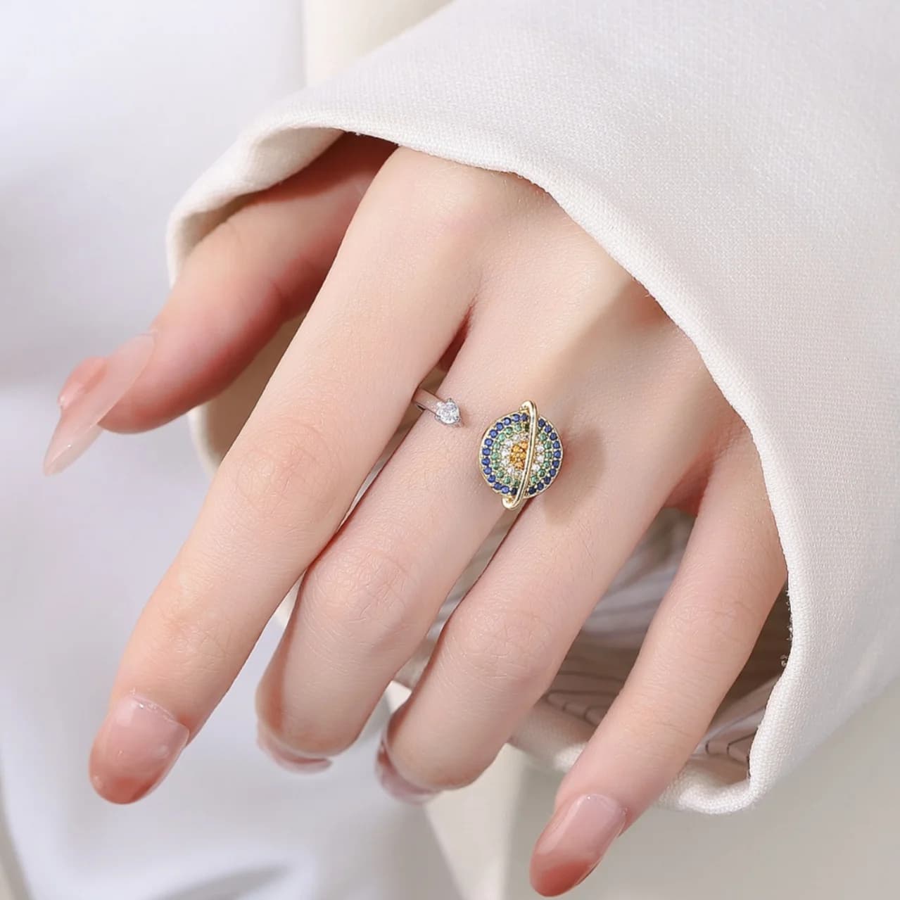 Anelli di ansia antistress Fidget da donna - Anelli per dito indice aperto antistress regolabili alla moda Planet Spinner per le donne