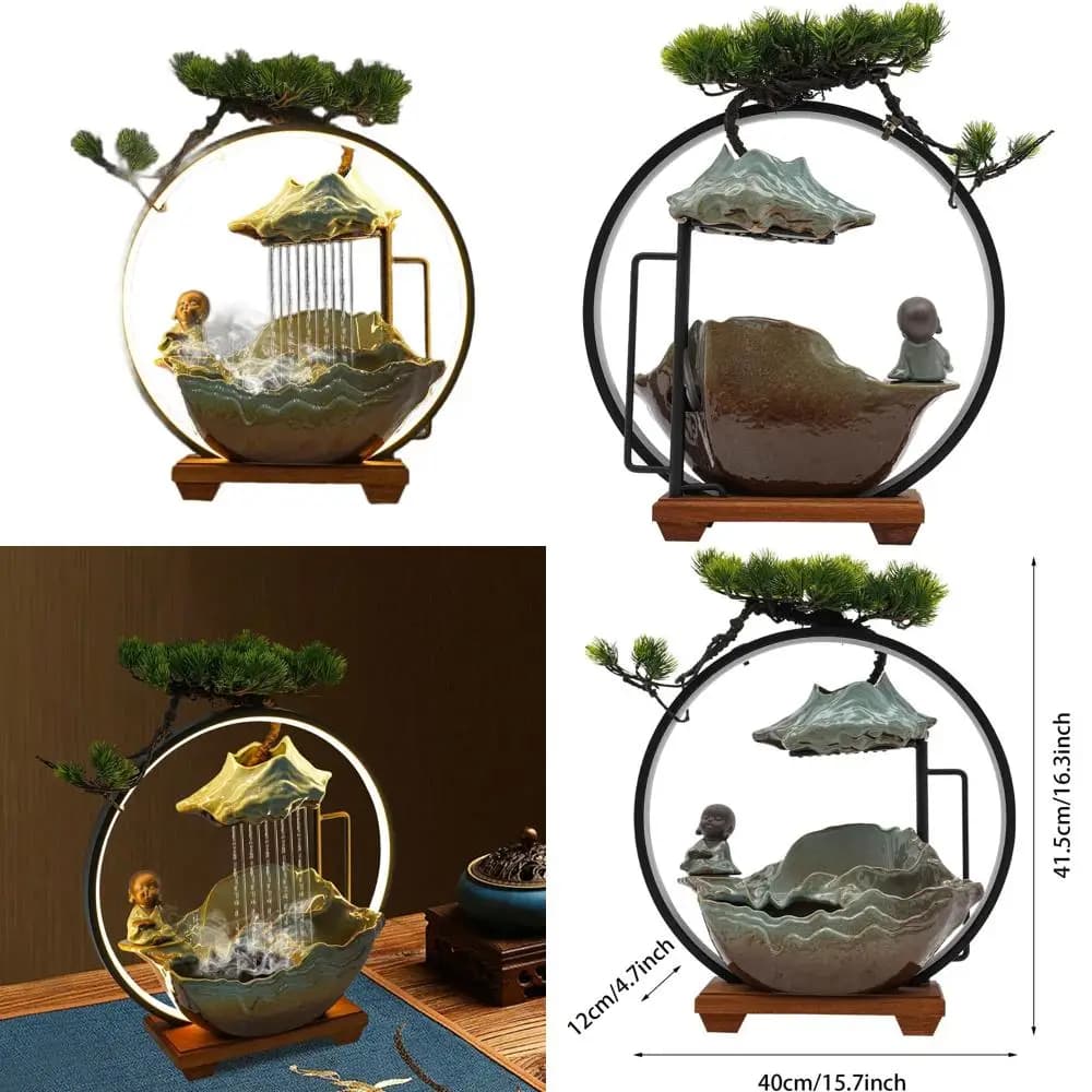 LED illuminated table fountain with artificial plants, bonsai tree and monk statuette, 16 x 5 x 16