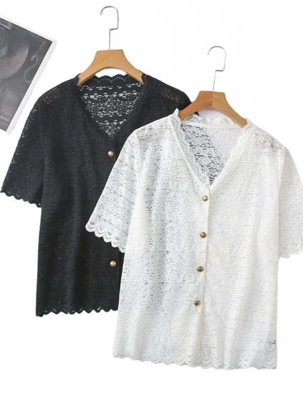 plus Size Summer Casual Fashion Simple V-Neck Lace Short Sleeve Shirt Slimming Top Korean Style Polyester Fiber Button Closure