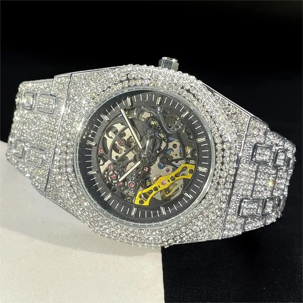 Orologi automatici di moda orologio da uomo di marca MISSFOX di lusso in acciaio inossidabile orologio da polso meccanico con diamanti Hip Hop uomo Reloj Hombre