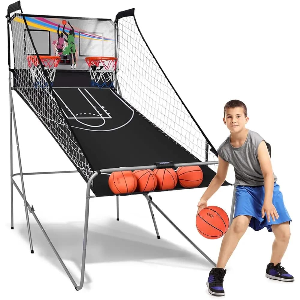Gioco Arcade Basket a Doppia Tiro con Punteggio Elettronico, 8 Giochi, 4 Palloni, Adatto per Giocare all'Interno e all'Esterno per Bambini e Adulti